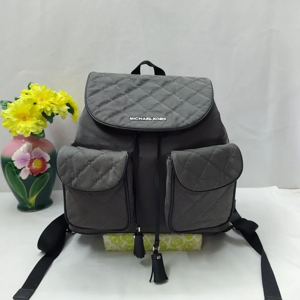 Michael Kors Kieran Dark Gray Nylon Quilted Pockets Drawstring Backpack